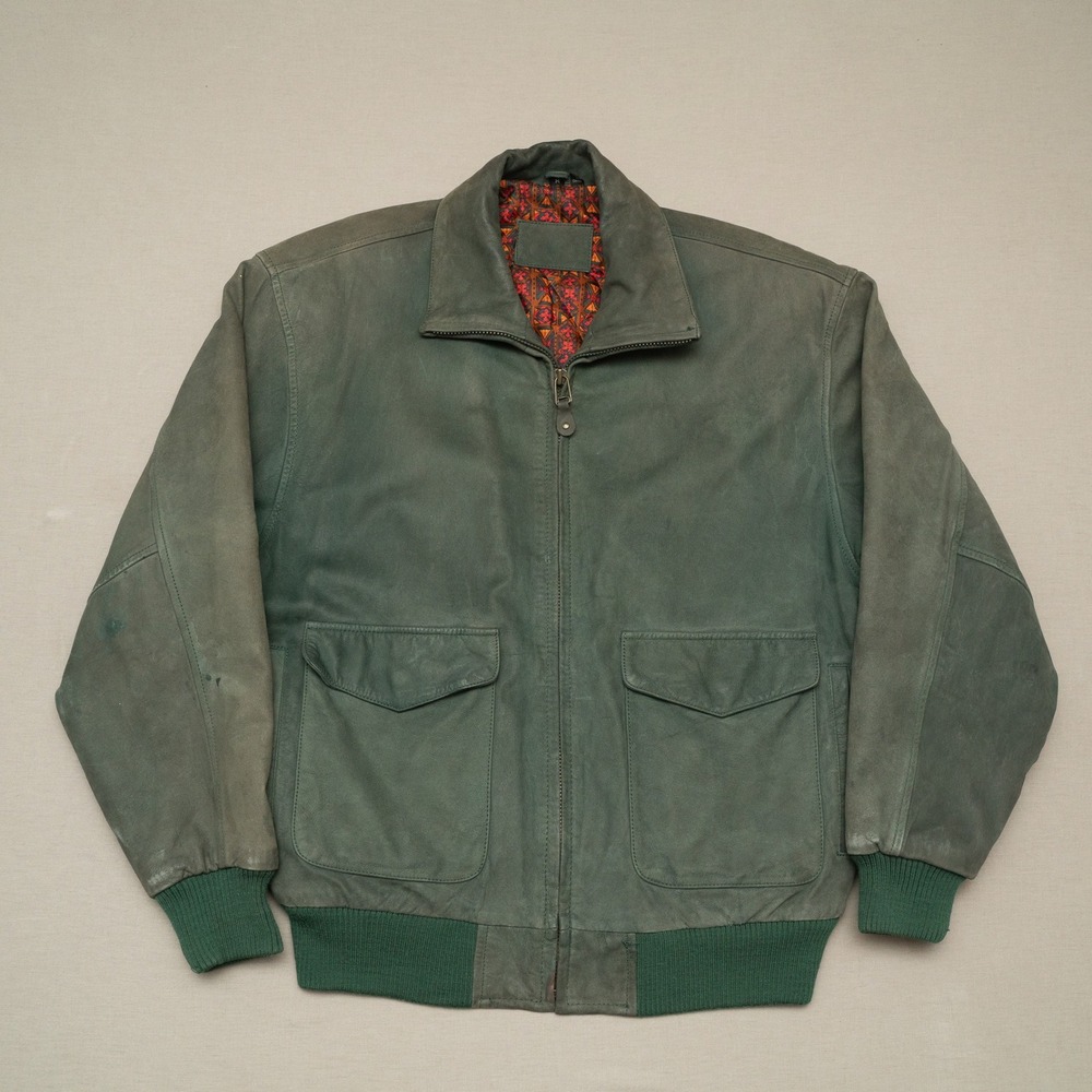 Vintage Sun Faded Green Suede Leather Zip Up Bomber Jacket Adult M Distressed
